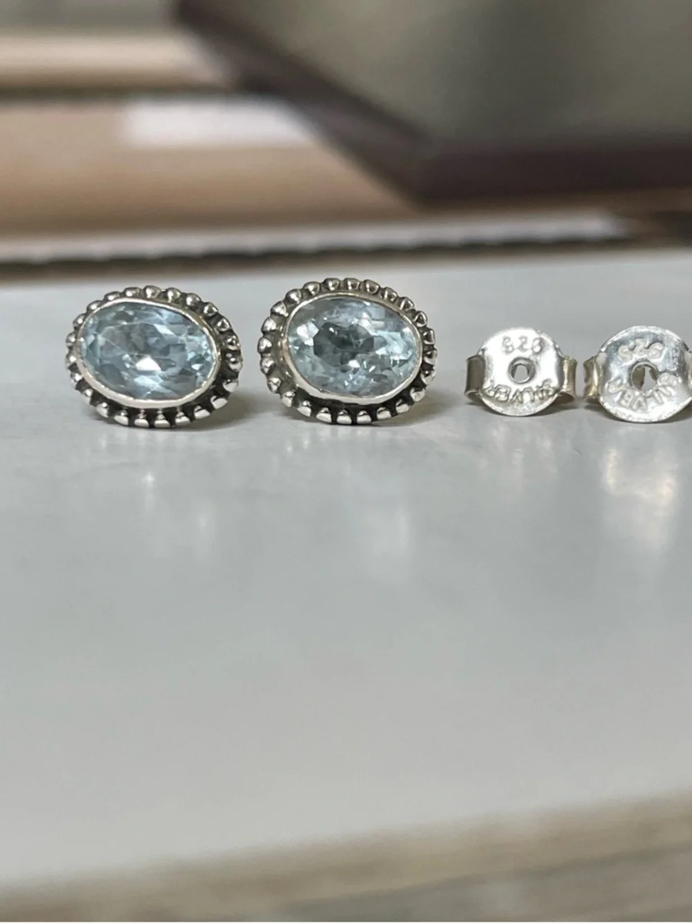 Blue Topaz stud Earrings 925 Sterling Silver,     V I B E S